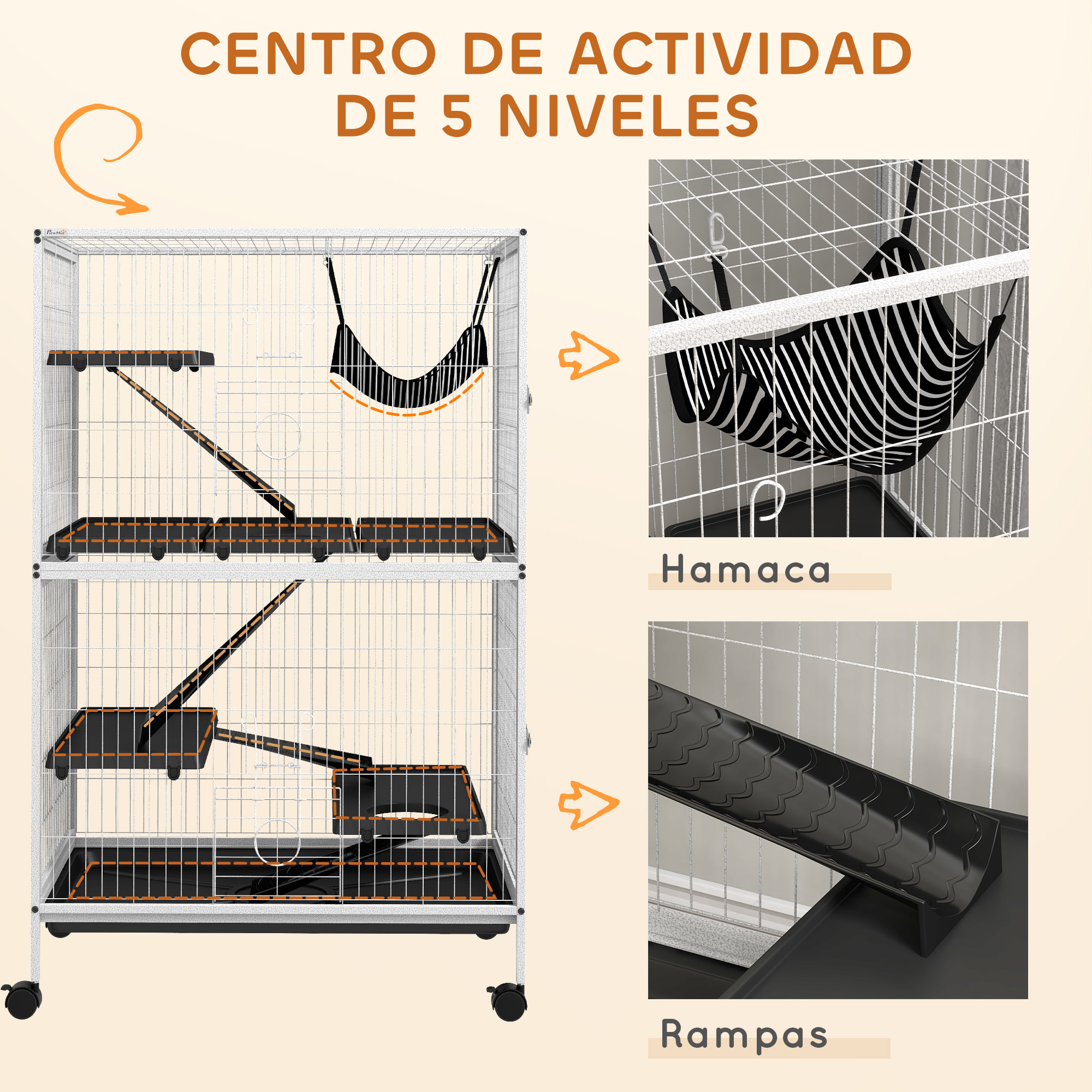 Jaula para Animales Pequeños de 4 Niveles Jaula para Roedores con Ruedas Rampas Hamaca Colgante y Bandeja Extraíble Recinto para Conejos Chinchillas Hurones 80x52x128 cm Blanco