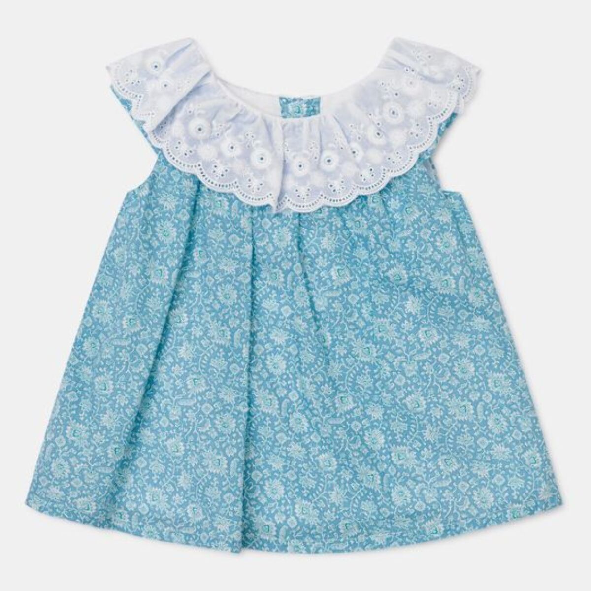 VESTIDO ESTAMPADO FLORAL AZUL Y CUELLO ENVOLANTADO