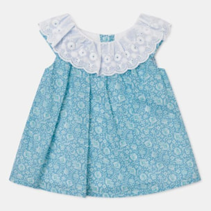 VESTIDO ESTAMPADO FLORAL AZUL Y CUELLO ENVOLANTADO