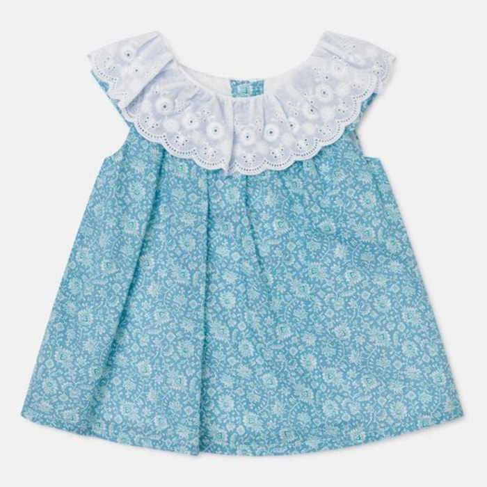 VESTIDO ESTAMPADO FLORAL AZUL Y CUELLO ENVOLANTADO