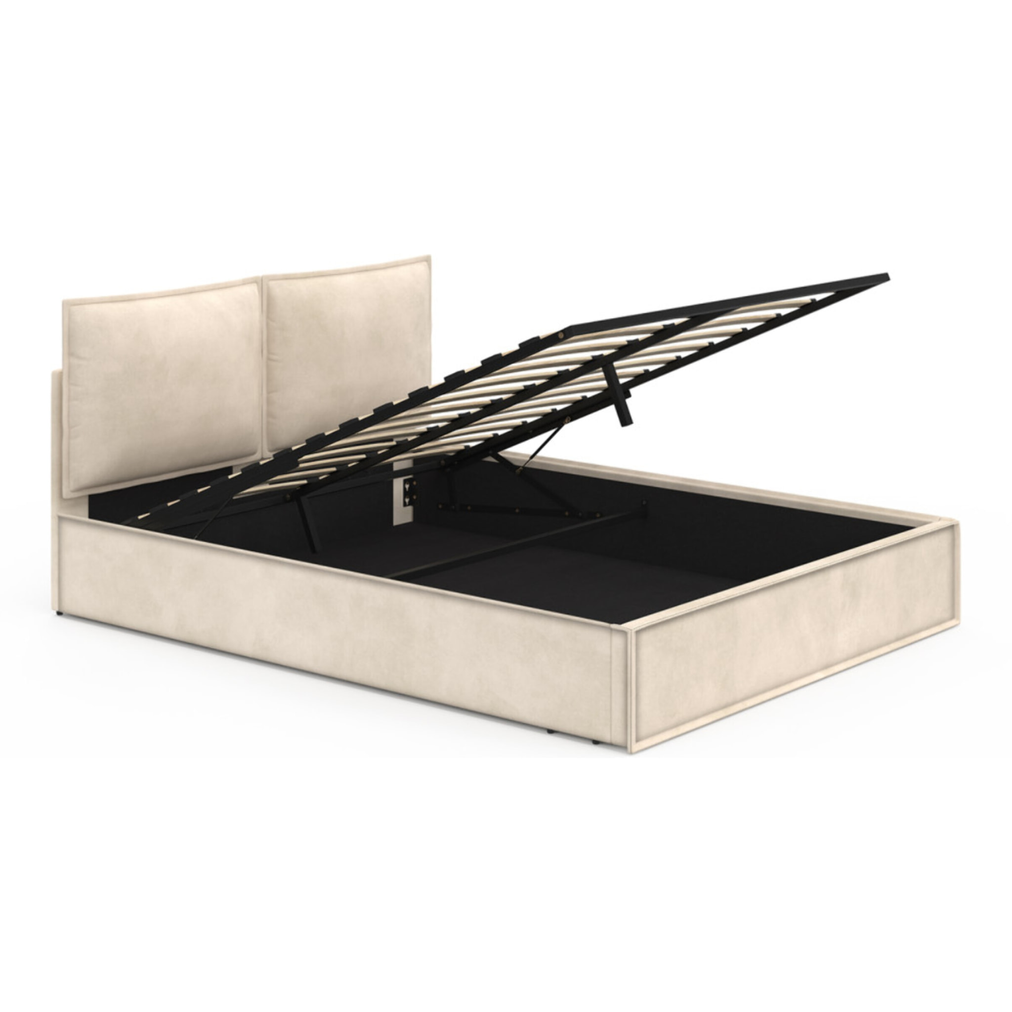 Lit coffre Lilou en velours beige avec sommier et tête de lit effet oreiller 160x200cm