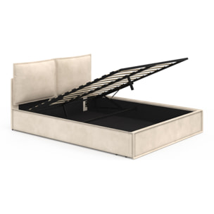 Lit coffre Lilou en velours beige avec sommier et tête de lit effet oreiller 160x200cm