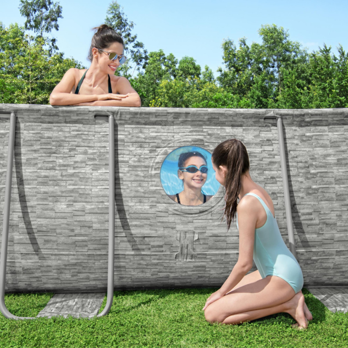 Bestway Piscine hors sol - Ovale - Power Steel Swim Vista - Décor pierres - 488 x 305 x 107 cm