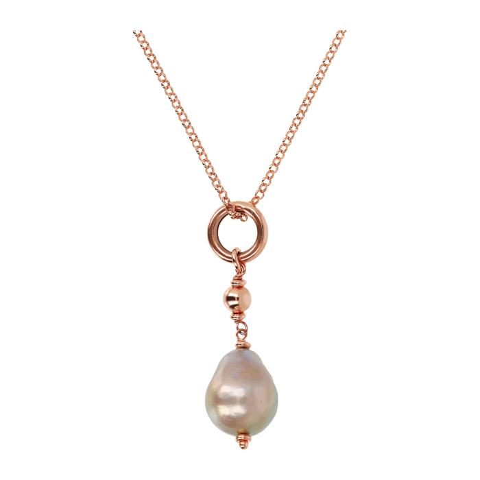 Collana Lunga Catena Rolo e Pendente con Sfera Lucida e Perla Multicolor d'Acqua Dolce