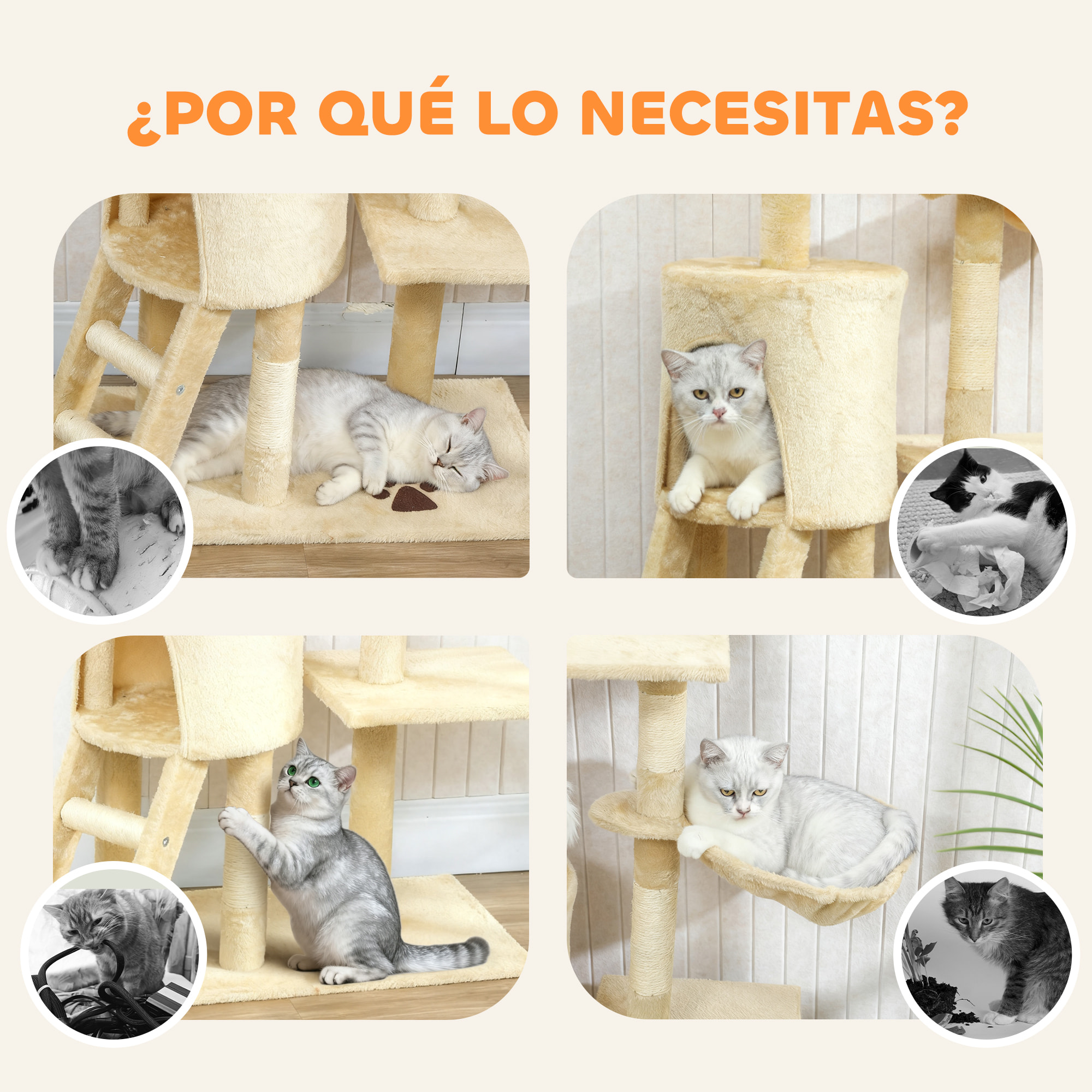 Árbol Rascador para Gatos Grande, Árbol para Gatos, Altura 134 cm, Torre de Escalada con 6 Postes de Sisal, 3 Plataformas, 1 Cueva, 1 Hamaca, 1 Escalera, 4 Juguetes Colgantes, Beige