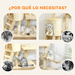 Árbol Rascador para Gatos Grande, Árbol para Gatos, Altura 134 cm, Torre de Escalada con 6 Postes de Sisal, 3 Plataformas, 1 Cueva, 1 Hamaca, 1 Escalera, 4 Juguetes Colgantes, Beige