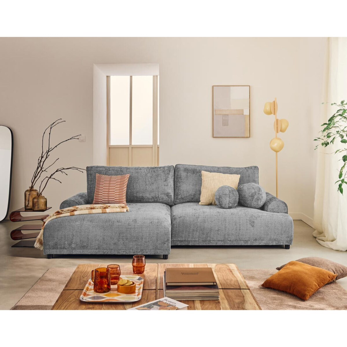 Nelly - canapé d'angle gauche 4 places convertible avec coffre en velours texturé - Gris