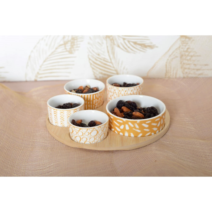 Set apéritif de 5 coupelles sur plateau en bois rond