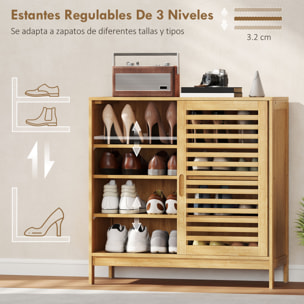 Zapatero de Bambú con 2 Puertas Correderas de Lamas, Zapatero Entrada Recibidor con Estantes Ajustables, para 16 Pares de Zapatos, 80x35x80 cm, Natural