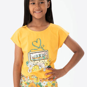 Camiseta elÃ¡stica niÃ±a estampada, mangas cortas, naranja