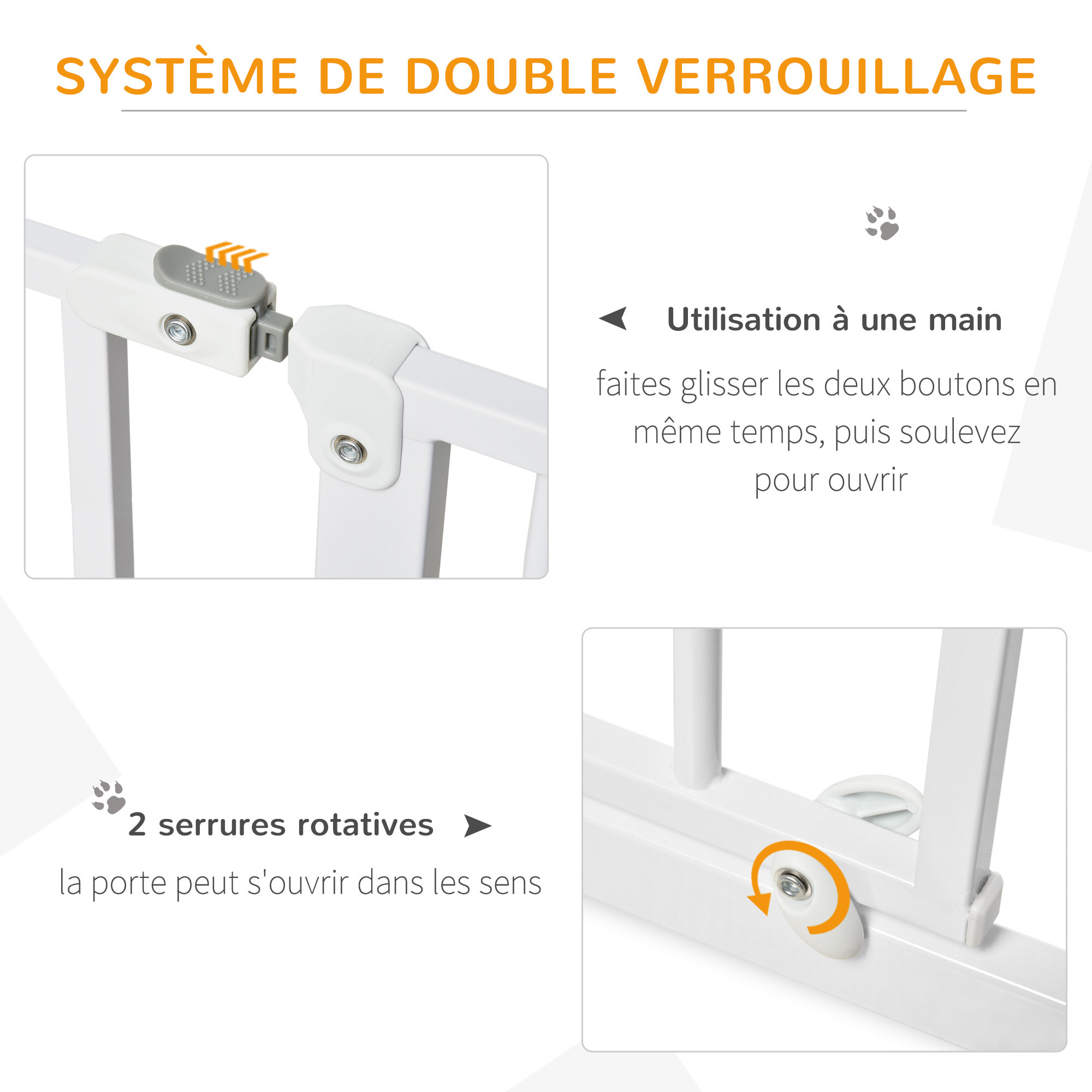 Barrière de sécurité animaux - longueur réglable dim. 75-145 cm - porte double verrouillage, ouverture double sens -sans perçage - acier ABS blanc