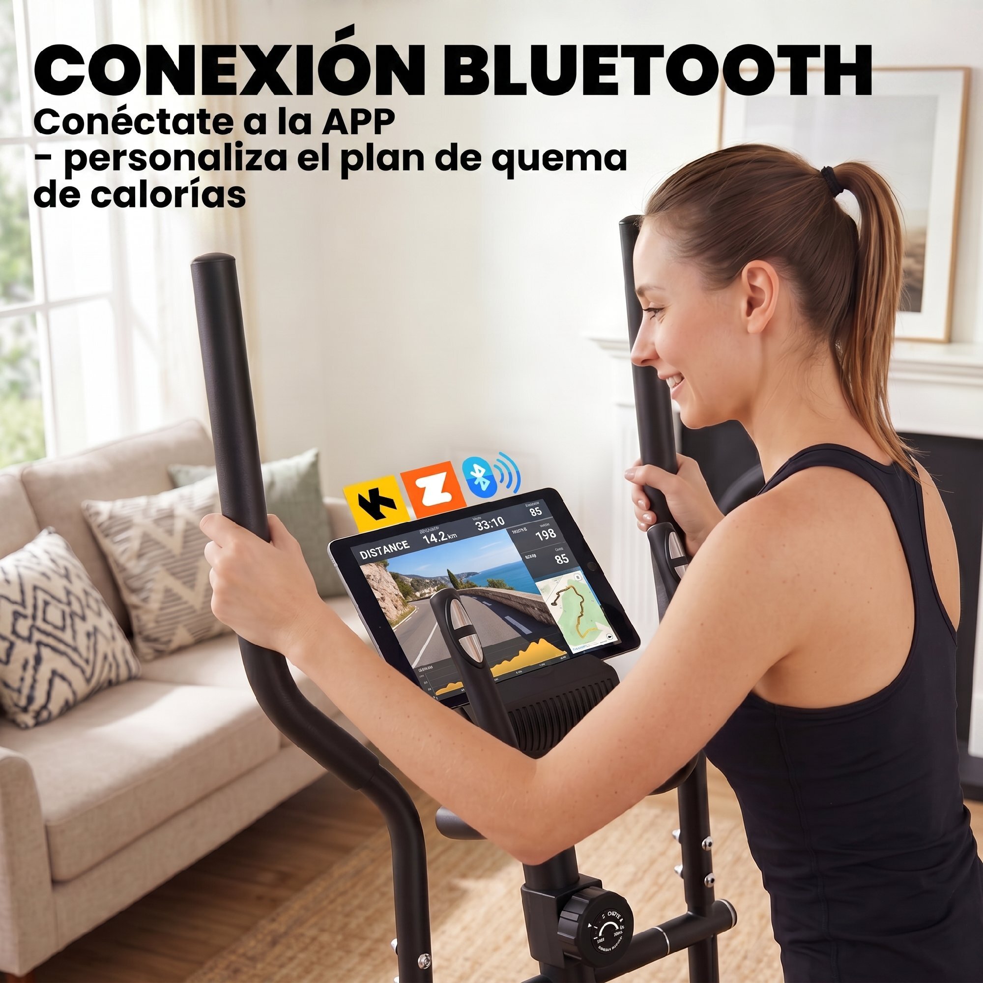 Bicicleta Elíptica para Casa, Máquina Elíptica Silenciosa con Bluetooth Compatible con App, 8 Niveles de Resistencia Magnética, Monitor LCD y Sensor de Pulso, Ruedas, Carga 120 kg