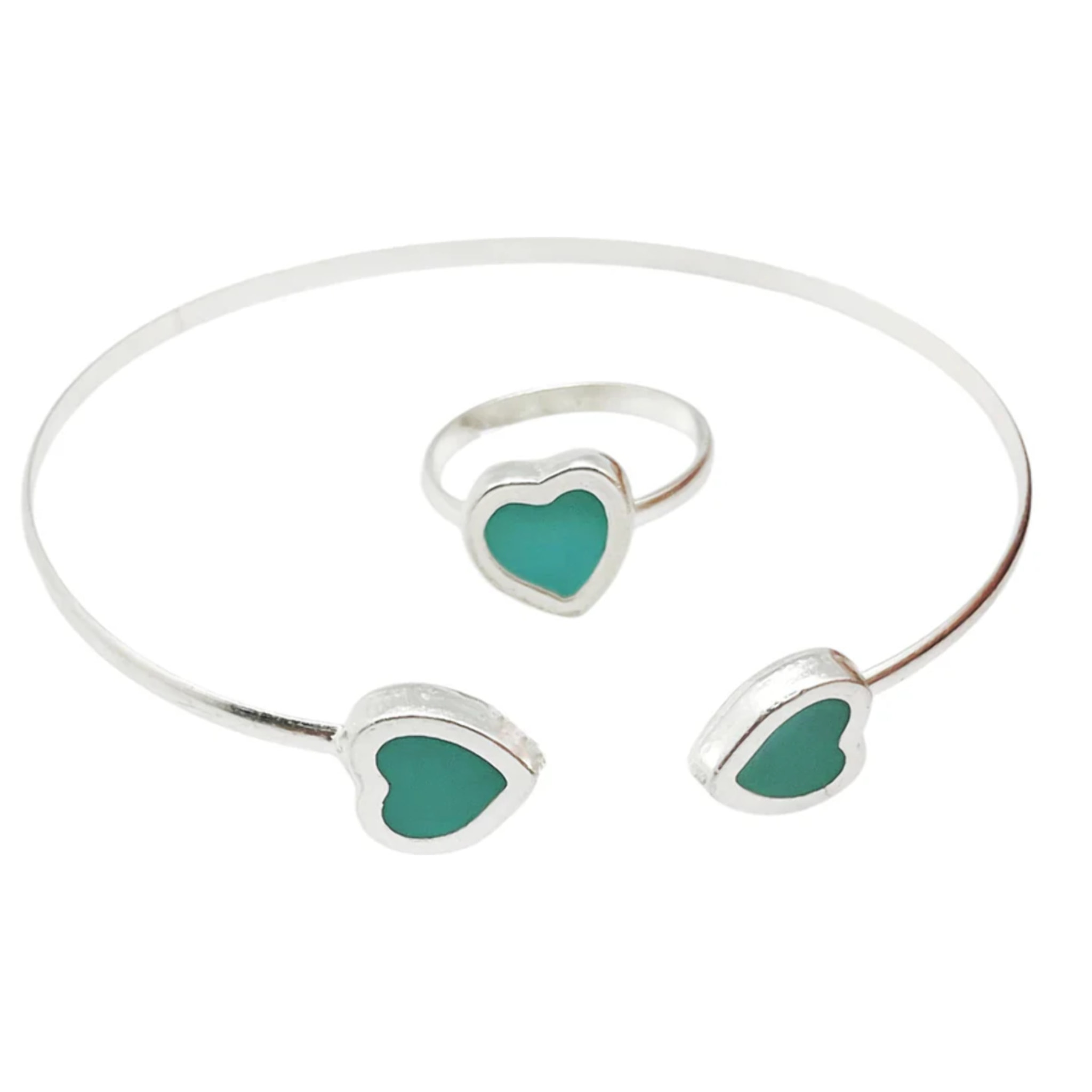 Conjunto Colors Corazón Pulsera y anillo plata 10µ Verde