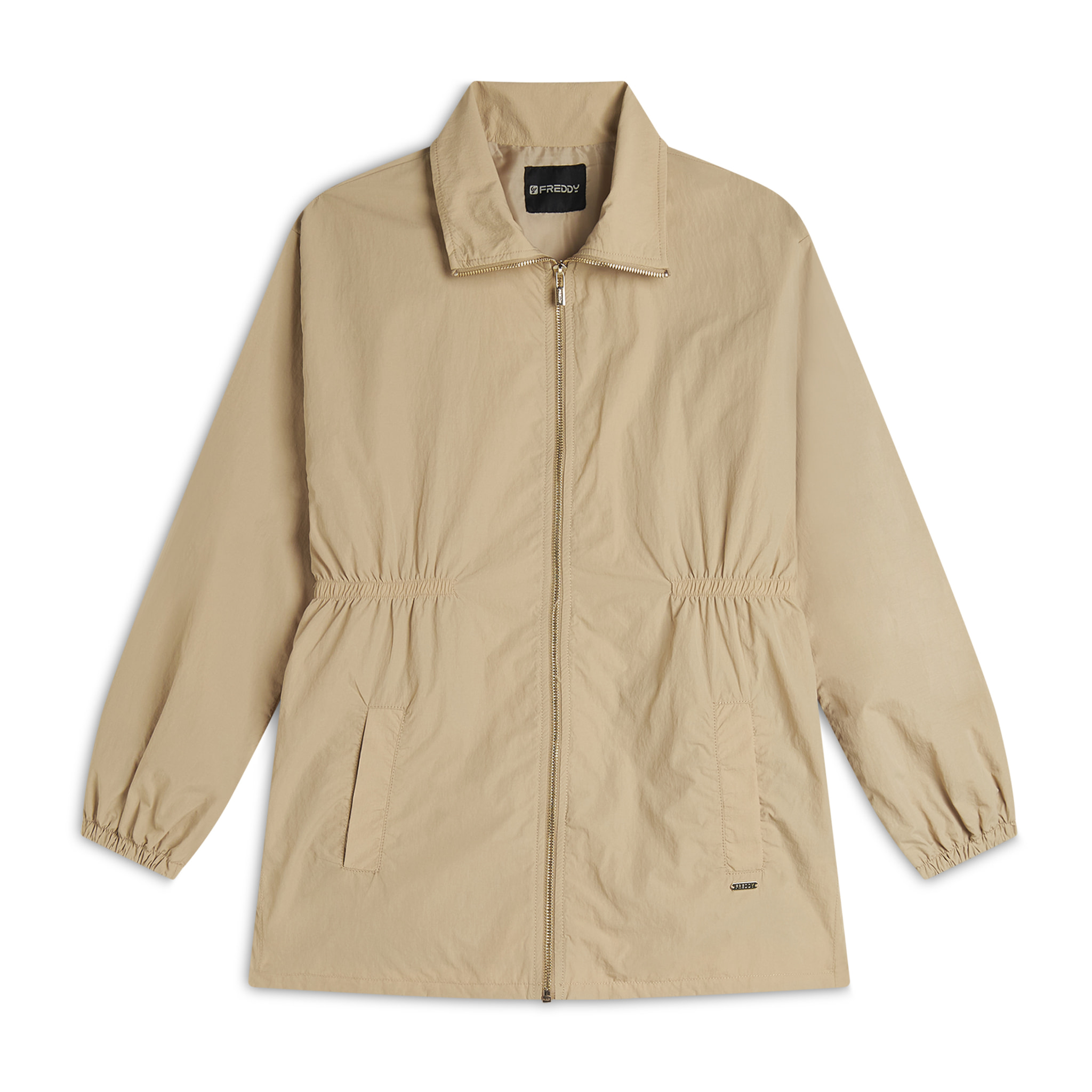 Parka donna collo alto in nylon con zip ed elastico in vita