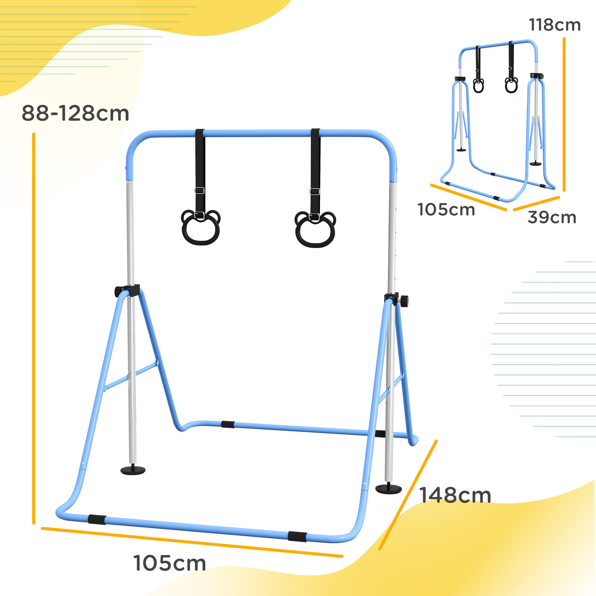 Portique d'anneaux double haubanage hauteur réglable dim. 148L x 105l x 88-128H cm acier bleu