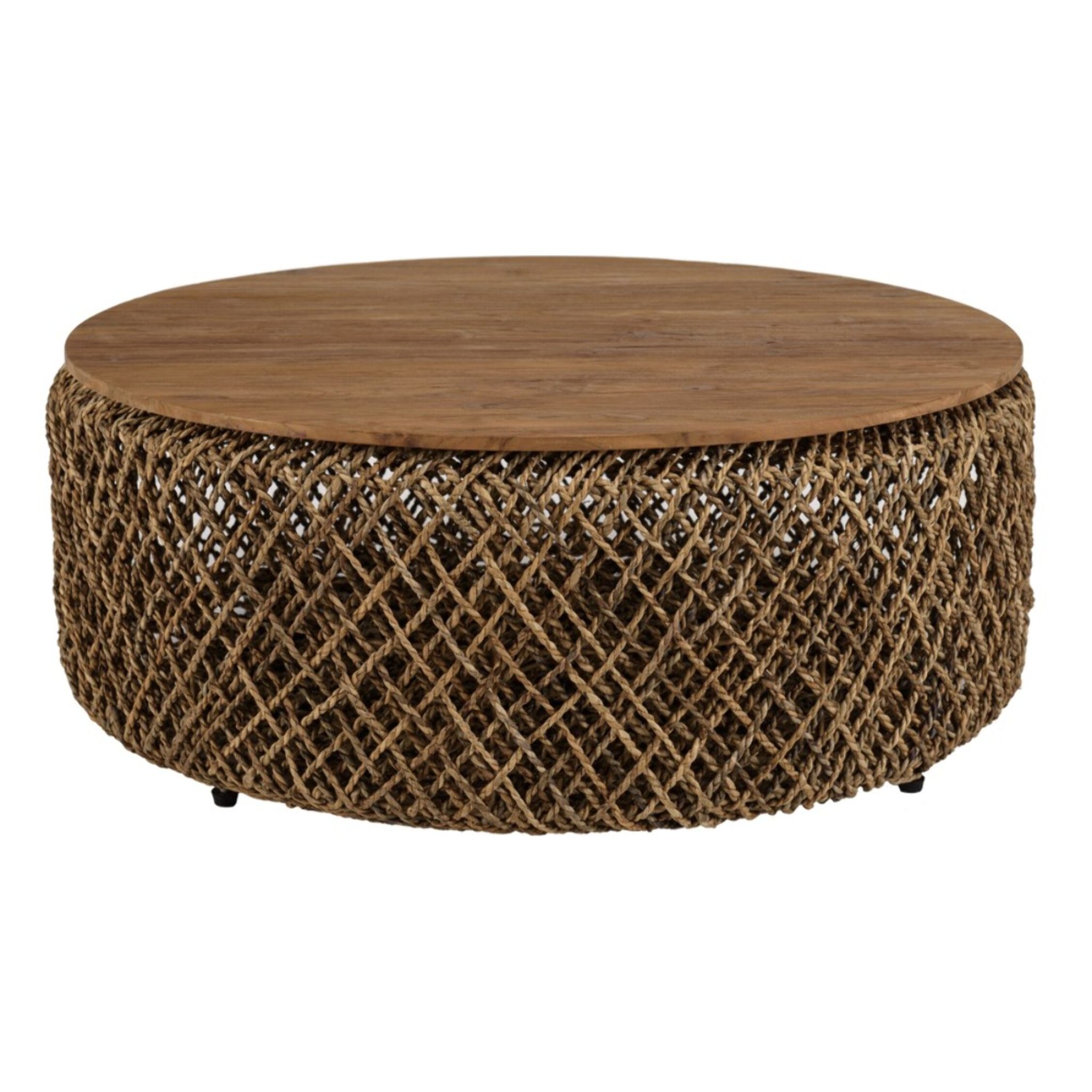 SIXTINE - Table basse ronde diam 100 rotin, plateau bois teck recyclé