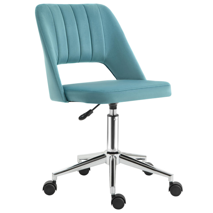 Chaise de bureau design contemporain dossier ergonomique ajouré strié hauteur réglable pivotante 360° piètement chromé velours bleu canard