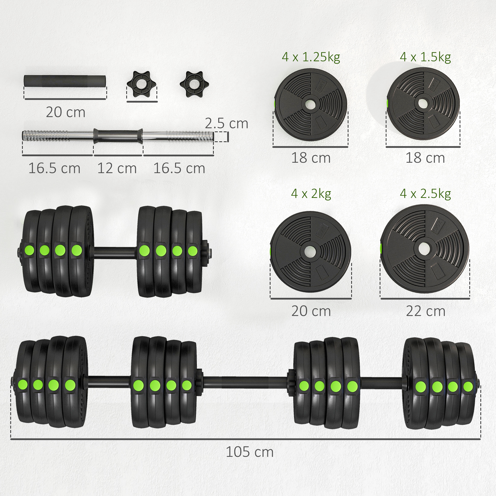 Kit de Mancuernas 30kg 2 en 1 Juego de Pesas con Barra de Pesas Mango Antideslizante Mancuernas Ajustables para Entrenamiento de Fuerza en Hogar Gimnasio Oficina Negro y Verde
