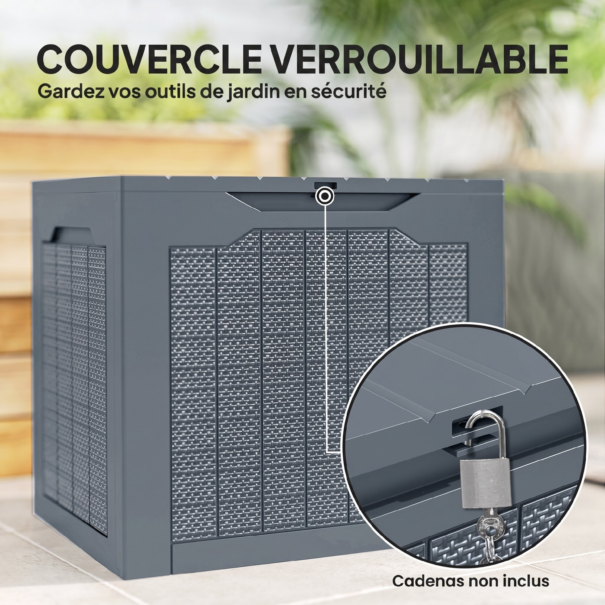 Coffre de jardin 93L dim. 56 x 41 x 50 cm effet rotin et bois gris