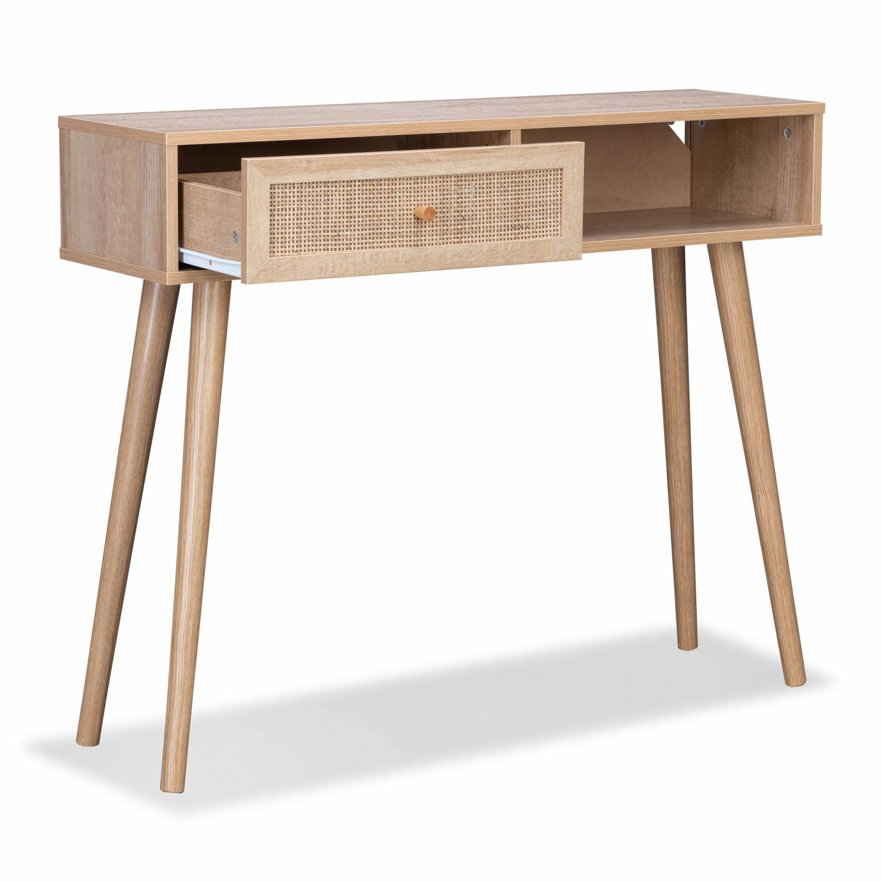 Console en cannage 100x29x81cm  -  Bohème -  Naturel. 1 tiroir.1 espace de rangement. pieds scandinaves décor bois. 1 poignée