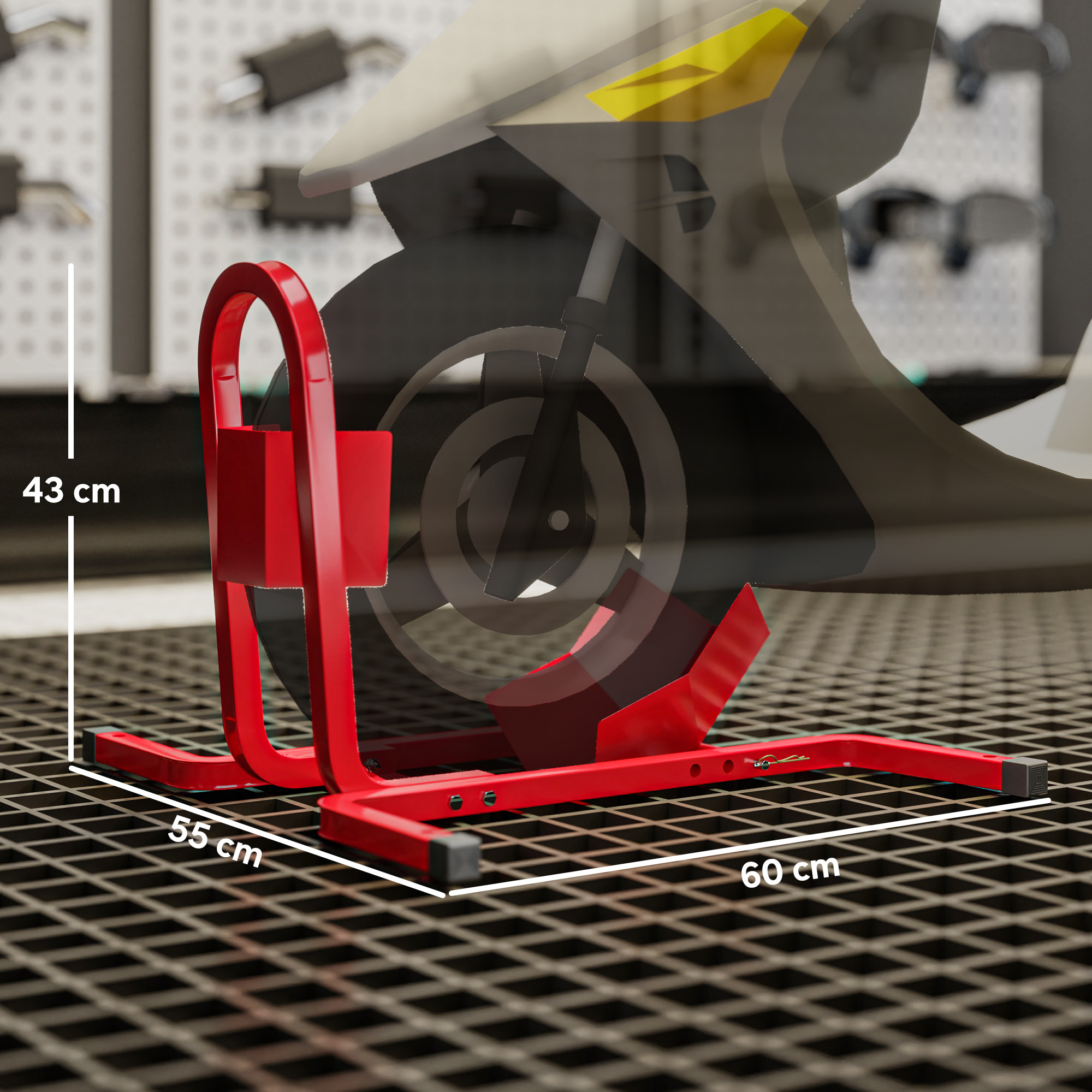Caballete de Moto, Carga 250 kg, Soporte para Rueda Delantera de Moto Ajustable en 3 Niveles de Metal Robusto, para Ruedas ∅43, 48, 53 cm, Rojo
