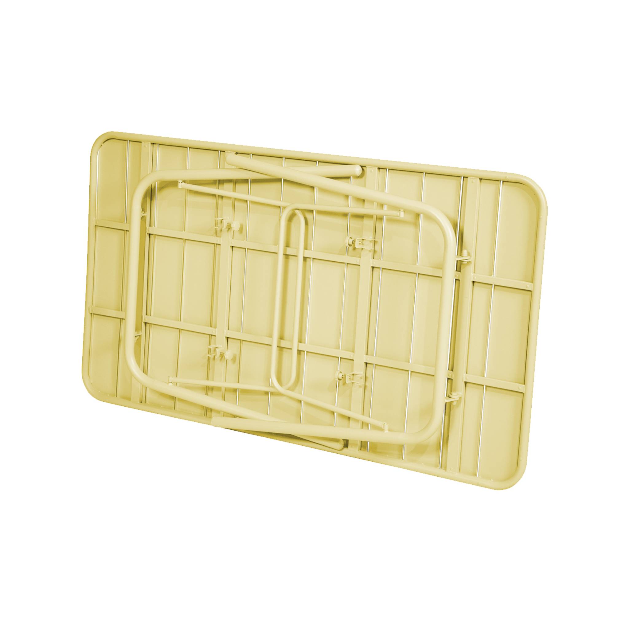 Table de jardin pliante métal 6 places. jaune. Amelia. 140x80cm. traitement antirouille. lattes et bords arrondis