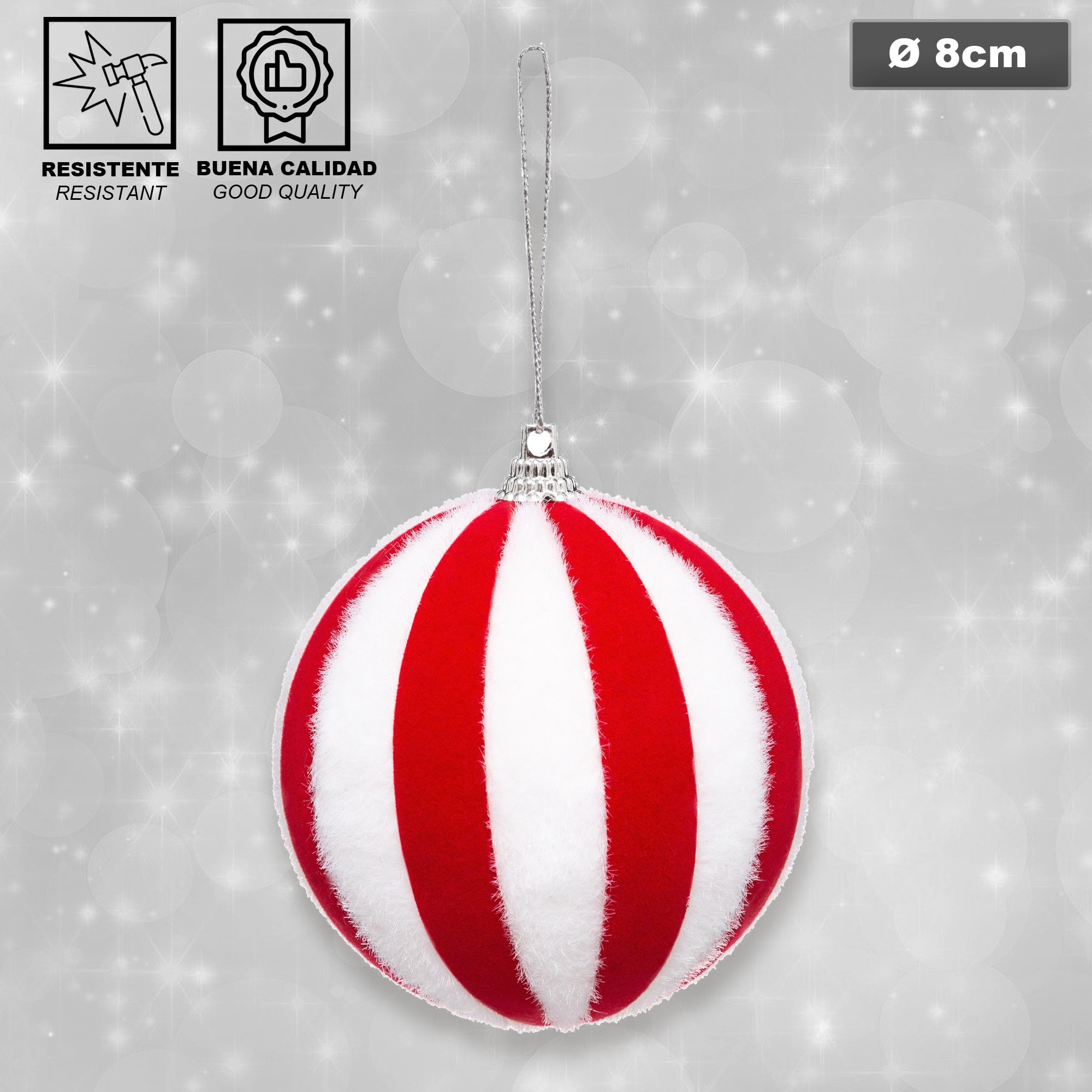 Pack decoración navidad: abeto blanco 70 cm con base + 6 bolas navidad rayas blanca y roja + estrella cresta roja + guirnalda espumillón blanca y roja