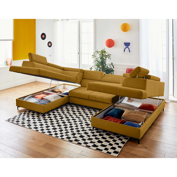 Merida - canapé panoramique en U - 7 places - convertible avec coffres et têtières réglables - en velours - Jaune