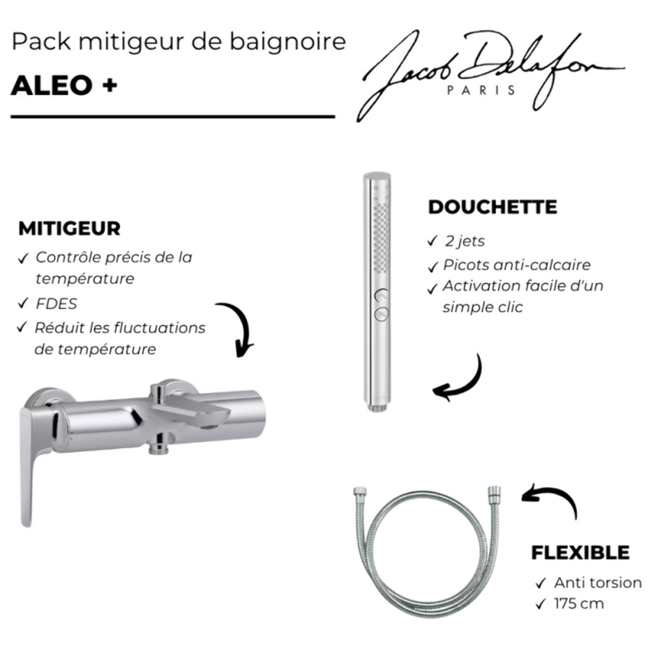 Pack mitigeur bain douche Aléo+ + douchette Shift+ ronde + flexible à écrou 175 cm