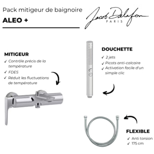 Pack mitigeur bain douche Aléo+ + douchette Shift+ ronde + flexible à écrou 175 cm