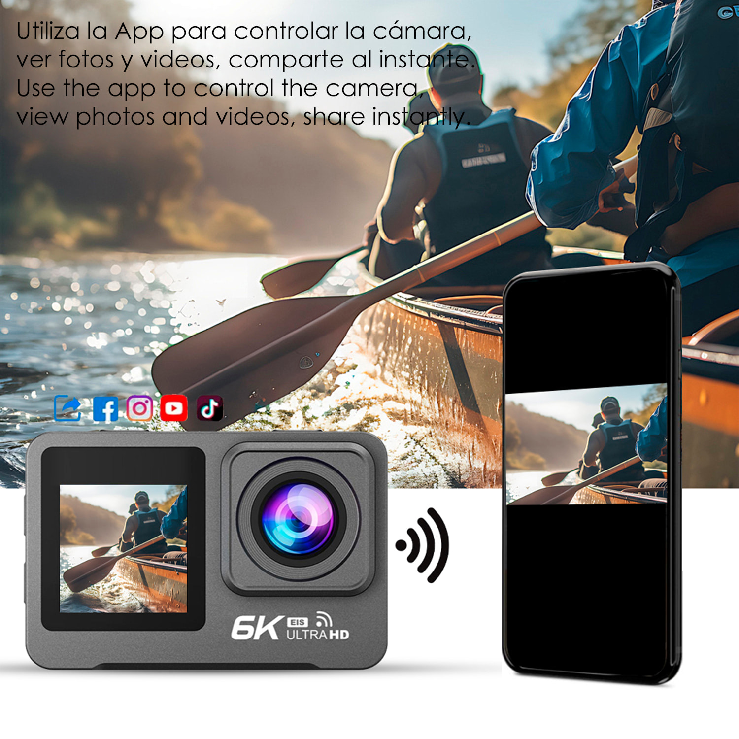 Cámara Deportiva M82 TR 6k 30fps con 47,5 mpx, doble pantalla de 2" y 1.3", estabilizador de imagen, multitud de accesorios y WIFI.