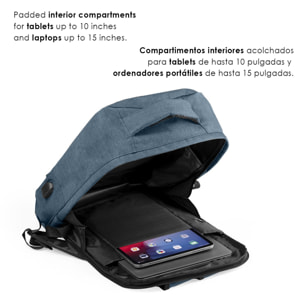 Zaino antifurto Komplete in poliestere 300D, con presa USB esterna. Tasca laterale con protezione RFID.