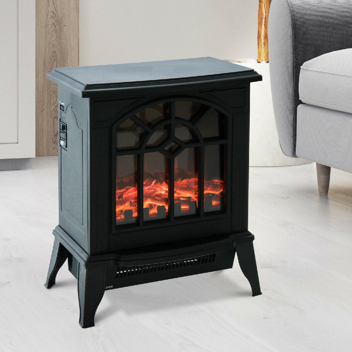 Cheminée électrique poêle style rétro 900-1800 W simulation flammes LED porte noir