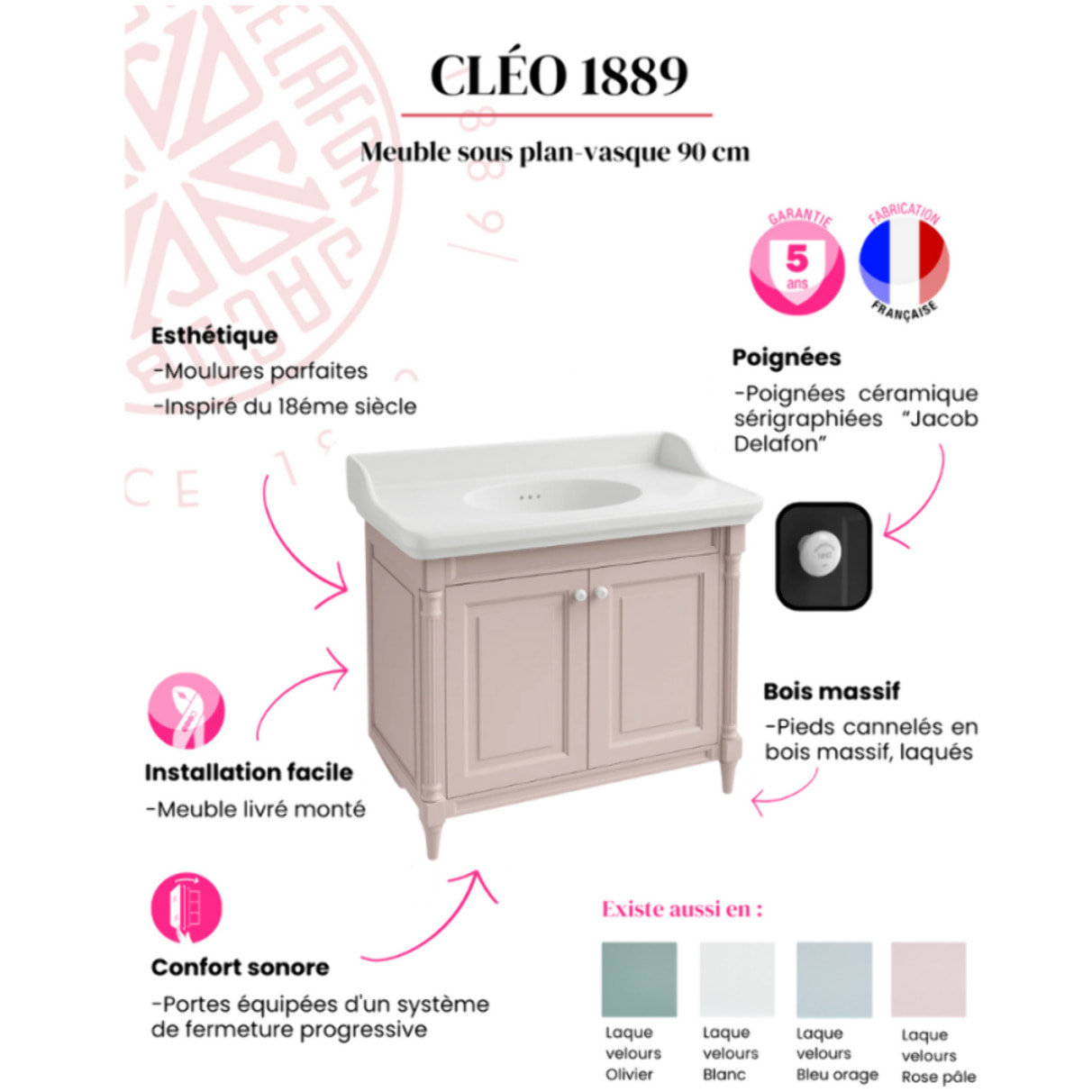 Pack meuble vasque 3 trous Cléo 1889 rose velours + colonne gauche + miroir + mélangeur croisillons or