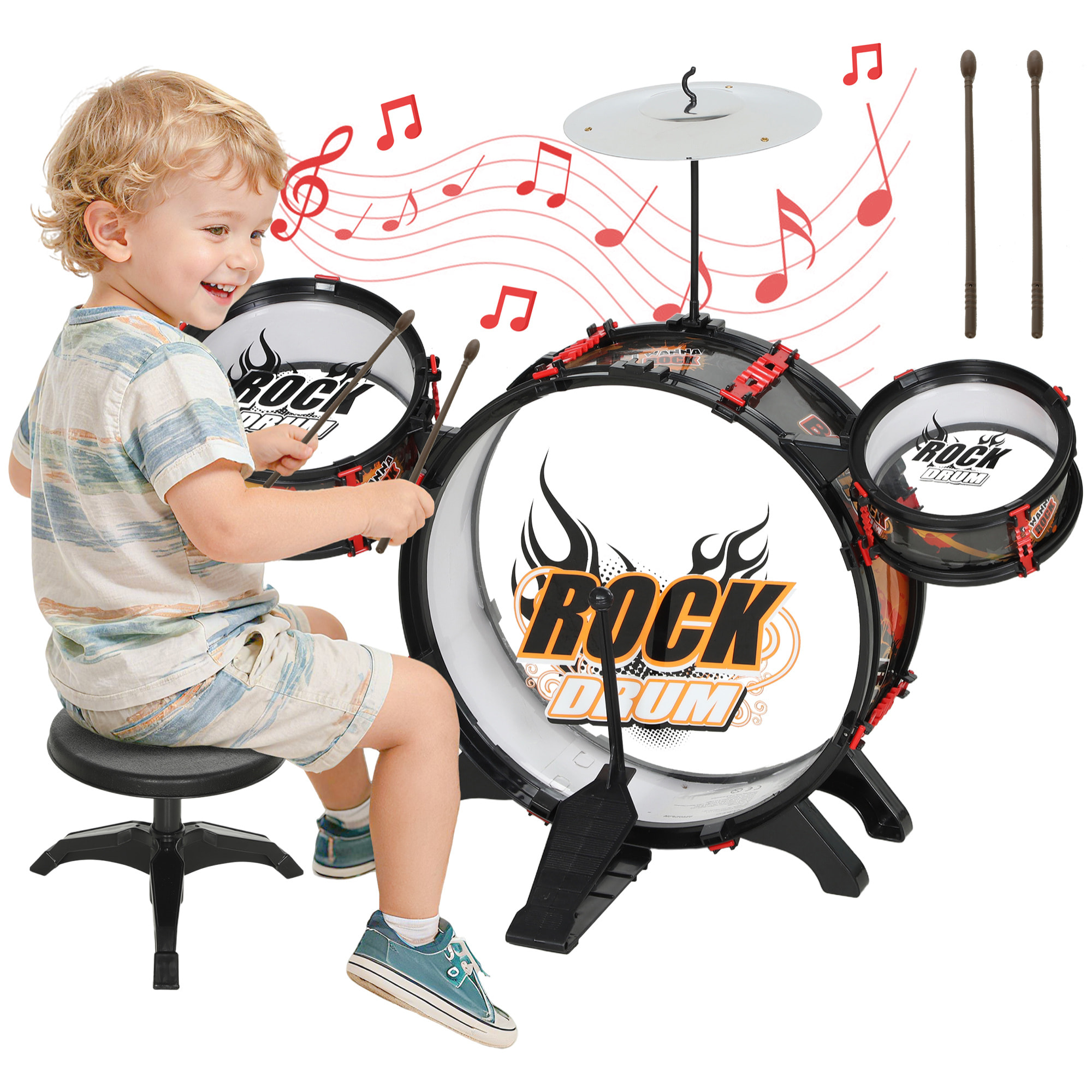 Batería Infantil con Taburete, Batería para Niños de +3 Años, con Tambores, Bombo, Platillo y Baquetas, para Principiantes, 59,5x31,5x59 cm, Negro