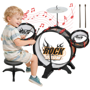 Batería Infantil con Taburete, Batería para Niños de +3 Años, con Tambores, Bombo, Platillo y Baquetas, para Principiantes, 59,5x31,5x59 cm, Negro
