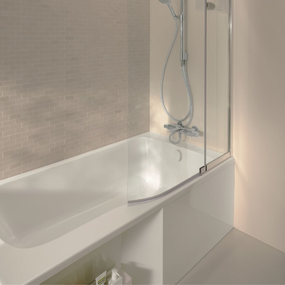 Pack baignoire bain douche 160 x 85 Malice version droite blanc mat + pare bain + étagère