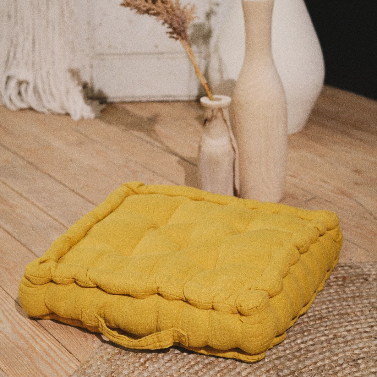 Coussin de sol uni gaze de coton INDIAN FLOWERS jaune