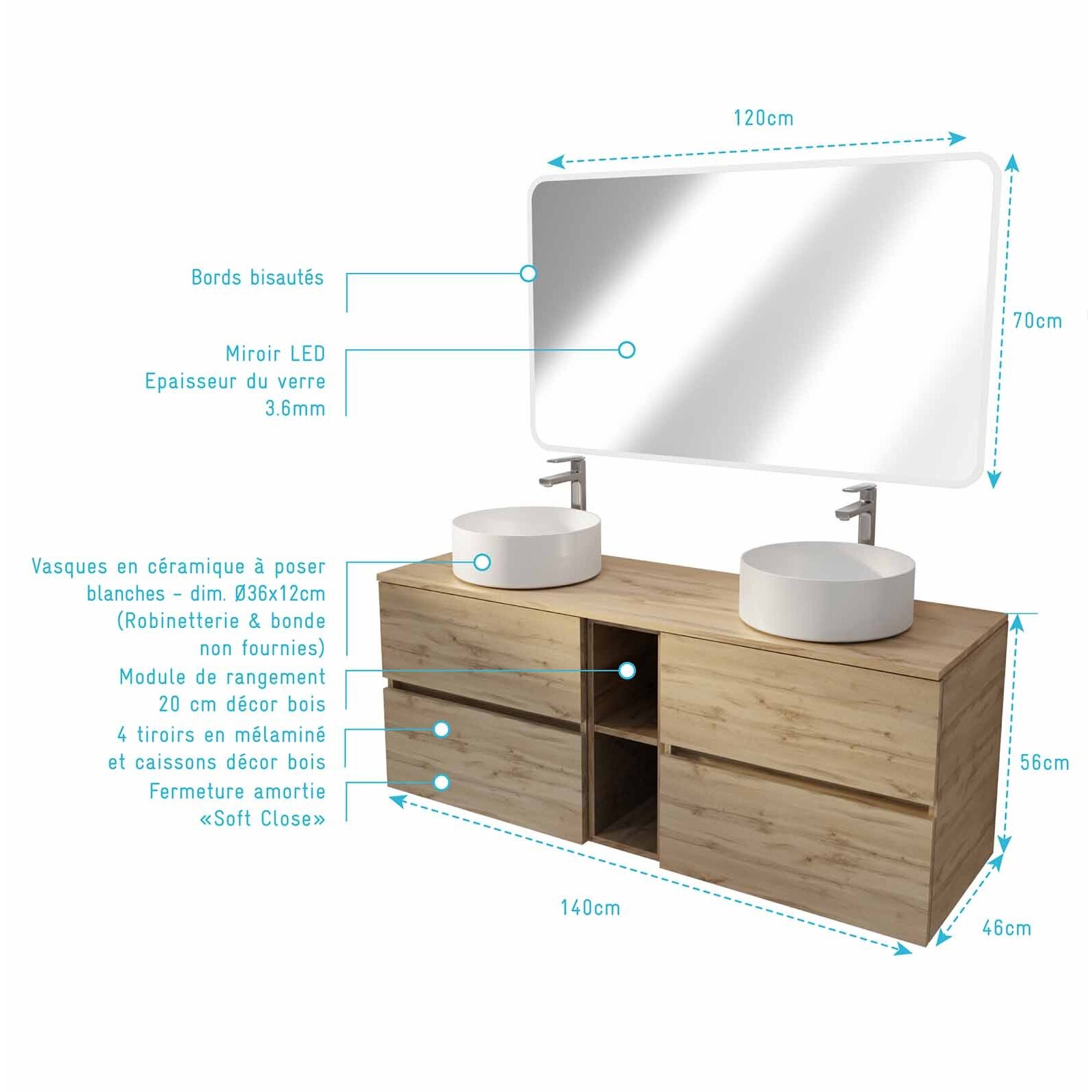 Meuble Salle de Bains 140 TIMBER Décor Chêne 4 Tiroirs et Module Vasques Blanches Miroir LED 120x70