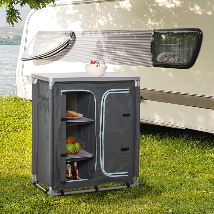 Armario de Camping Plegable Mueble de Cocina para Camping con 3 Estantes Compartimento Puerta con Cremallera Estructura de Aluminio y Bolsa de Transporte para Exterior 96x49,5x104 cm Gris