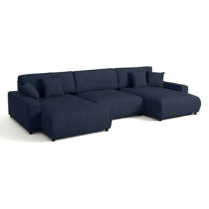 Pivoine - canapé panoramique en U - 7 places - convertible avec coffre - en velours côtelé - Bleu nuit