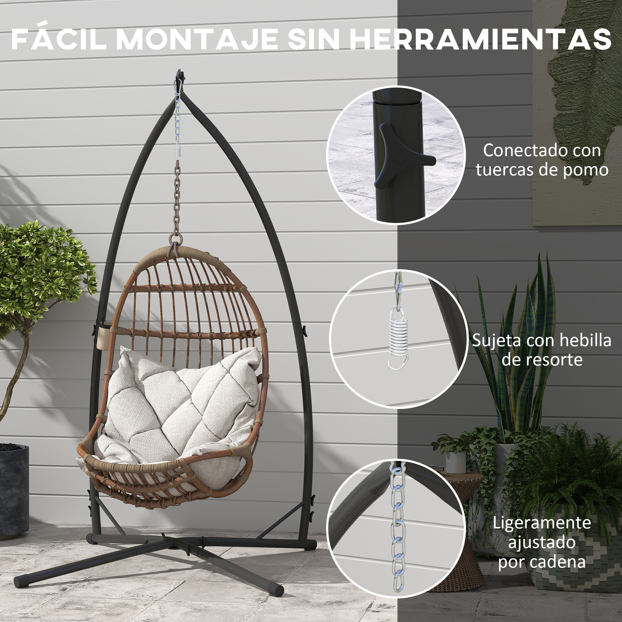 Soporte para Silla Colgante de Huevos Altura 215 cm con Estructura de Acero Base Estable y Portavaso Soporte para Silla Columpio para Patio Jardín Balcón Carga 150 kg Negro