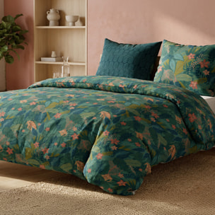 Parure housse de couette 100% percale de coton motif feuillages vert - ZELYA