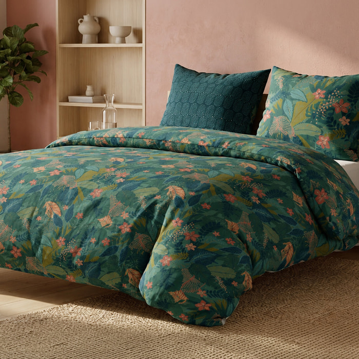 Parure housse de couette 100% percale de coton motif feuillages vert - ZELYA
