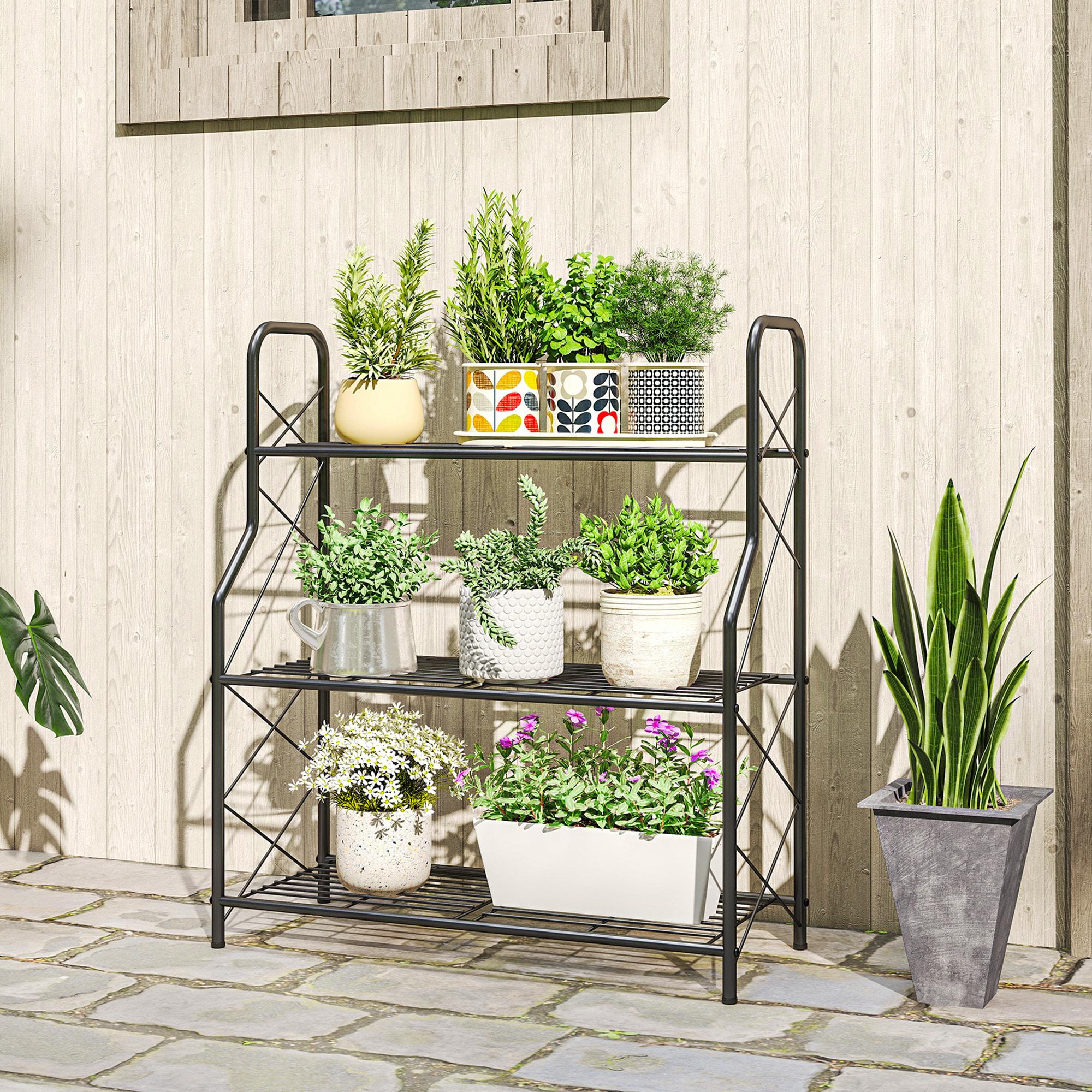 Soporte para Plantas de 3 Niveles para Interior y Exterior, Estantería para Plantas de Metal con Patas Ajustables y Asas, Resistente y Estable, para Macetas, Patio, Jardín, Balcón, Negro