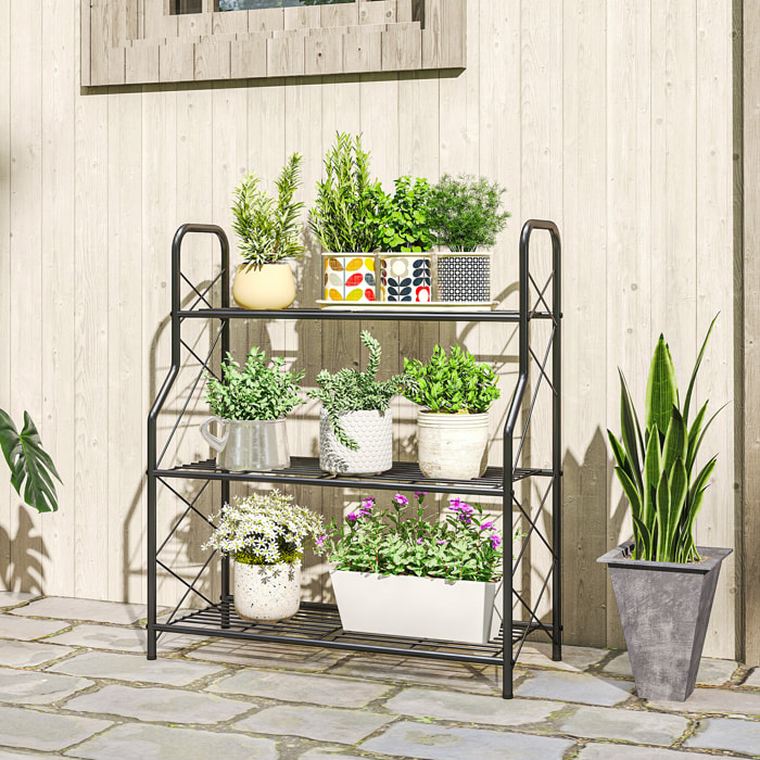 Soporte para Plantas de 3 Niveles para Interior y Exterior, Estantería para Plantas de Metal con Patas Ajustables y Asas, Resistente y Estable, para Macetas, Patio, Jardín, Balcón, Negro