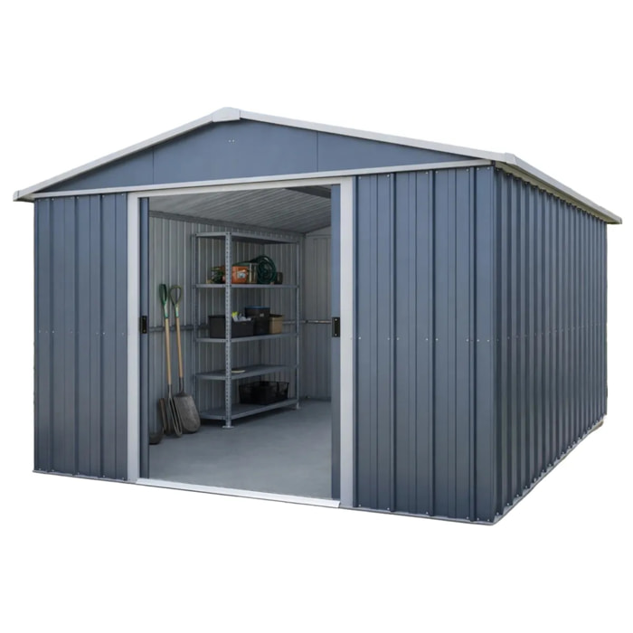Abri de jardin métal gris Yardmaster 11,03 m² + kit d'ancrage