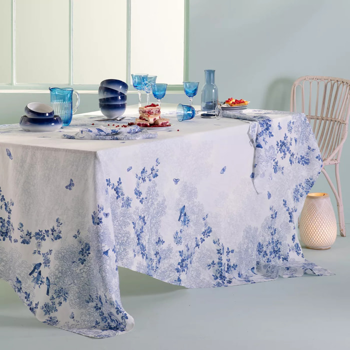Nappe métis lin & coton lavé 190 g/m² imprimé bleu blanc Voliere bleu