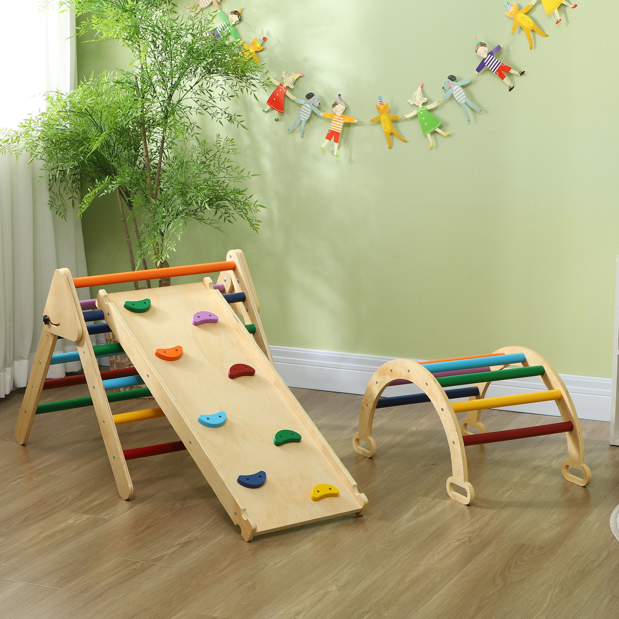 Ensemble d'escalade en bois 5 en 1 - triangle Pikler, arche, bascule, toboggan, rampe - panneaux bois pin
