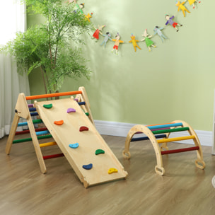 Ensemble d'escalade en bois 5 en 1 - triangle Pikler, arche, bascule, toboggan, rampe - panneaux bois pin